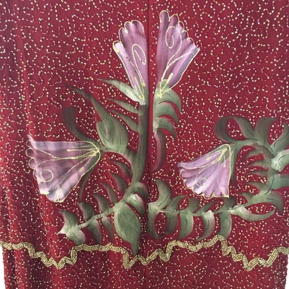 Laurence Kazar Vintage Beaded Dress Red Gold Tulips Long Evening Gown Size 8 - Picture 5 of 9